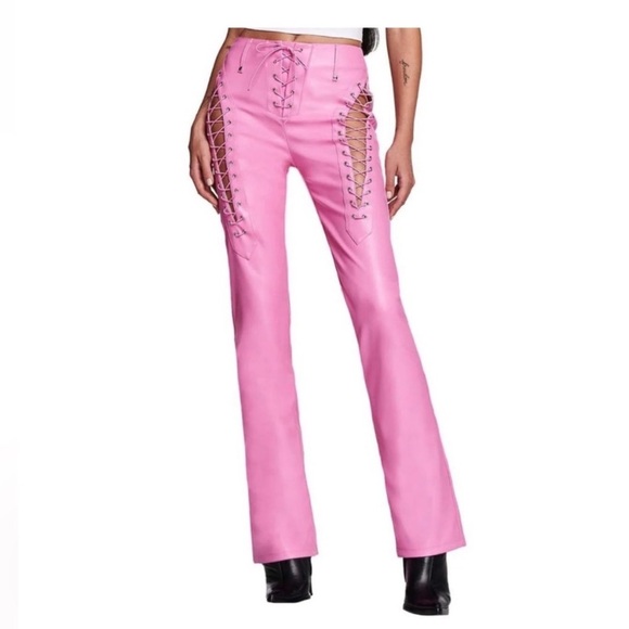 I.AM.GIA Xenia Pants Pink Lace Up Flare Faux Leather Large Cowboy Barbie Y2K - Picture 1 of 15
